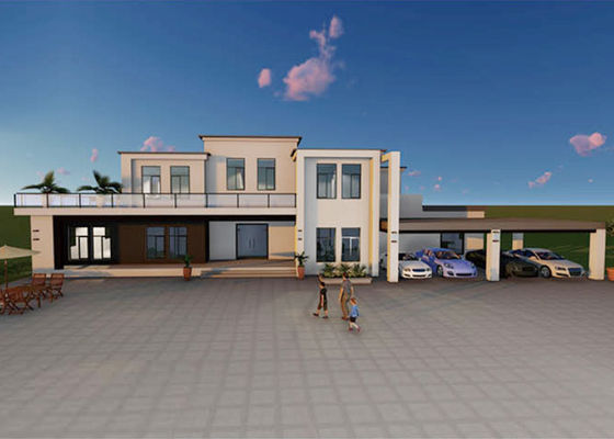 庭台地の緑のプレハブによっては二重デッキの孤立したプレハブの軽い鉄骨フレームの家が家へ帰る